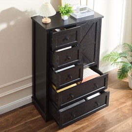 SOOWERY Black Dresser for Bedroom, Farmhouse Dresser with 5 Wood Drawers and Double Storage Cabinet, 48 Inches Tall Chest of Drawers for Living Room, Hallway