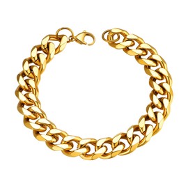 FOCALOOK Women's and Men's Bracelet 3.5 mm/6 mm/9 mm/12 mm Solid Curb Chain Bracelet Stainless Steel/18 Carat Gold-Plated Cuban Link Bracelet Gold/Silver/Black Bracelet Accessory Gift Idea, Stainless