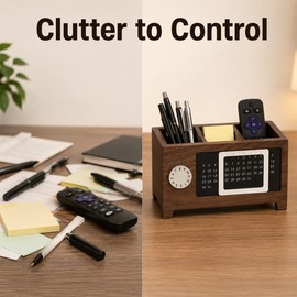 Wooden Desk Organizer with Calendar for Pens & Remotes - Compact Multifunction Storage for Office and Home