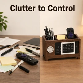 Wooden Desk Organizer with Calendar for Pens & Remotes - Compact Multifunction Storage for Office and Home