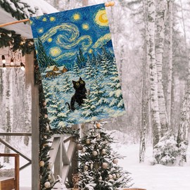 Christmas House Flag 28x40 Inch Large Winter Black Cat Farmhouse