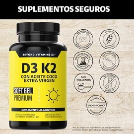 Beyond Vitamins | Vitamina D3 + Vitamina K2 con Aceite de Coco Extra Virgen | MCT (Trigliceridos) para Mayor Absorción | Cápsula Blanda Premium (180 C