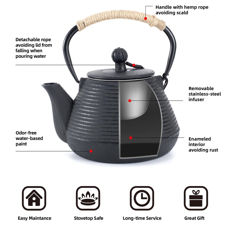 MILVBUSISS Cast Iron Teapot, 35oz Tea Kettle Stovetop Safe with