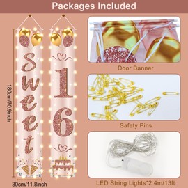 Eiurteao Eiurteao 16th Birthday Party Banner Lighted Decorations for Girls Women-Pink Rose Gold Vintage Sweet 16 Birthday Door Banners with LED Light, Cheers to 16 Years Old Birthday Party Supplies Decor