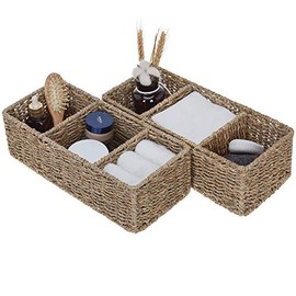 StorageWorks 3-Section Wicker Baskets for Shelves, Hand-Woven Seagrass Storage Baskets, 14.4" x 6.1" x 4.3", 2-Pack