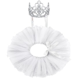 Hillban 2 Piezas Set de Diadema de Corona de Perro Vestido de Tutú Tiara para Perro con Diamantes de Imitación de Cristal Tutú para Cachorro Fiesta Cumpleaños Boda Disfraz(Grande,Blanco)