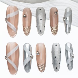 Sun&Beam Nails Handmade Press-on Long Amlond Silver Nude Beige White Rhinestone Dot glossy Design Fashion False Nail Tips 10 Pcs Set (#183 S)