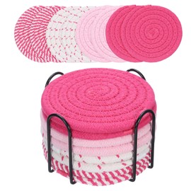 sourcing map 8 Pcs Drink Coasters with Holder, Cotton Woven Coaster Set, Absorbent Coasters for Cups, Drinks, Home Decor and Tabletop Protection, 4.3 Inches 4 Colors Pink Stripe