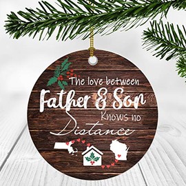 Merry Christmas Ornament Two State Map Massachusetts Wisconsin - The Love Between Father And Son Knows No Distance - Long Distance Dad And Son Ornament 3" Plastic