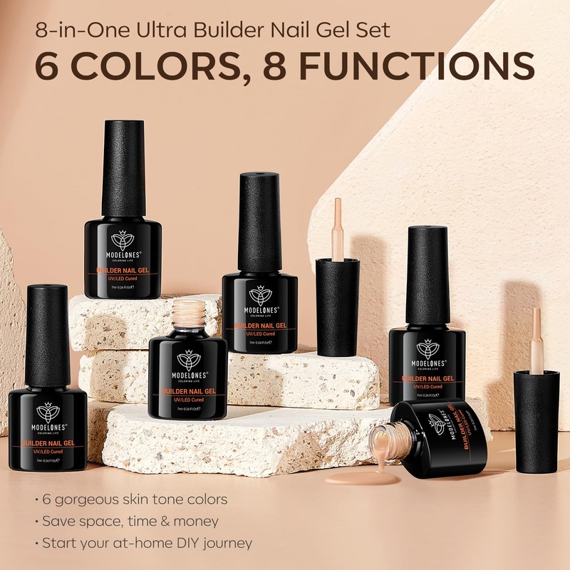 Modelones 8-in-ONE Nail Builder Gel, 6 Colors White Brown Builder