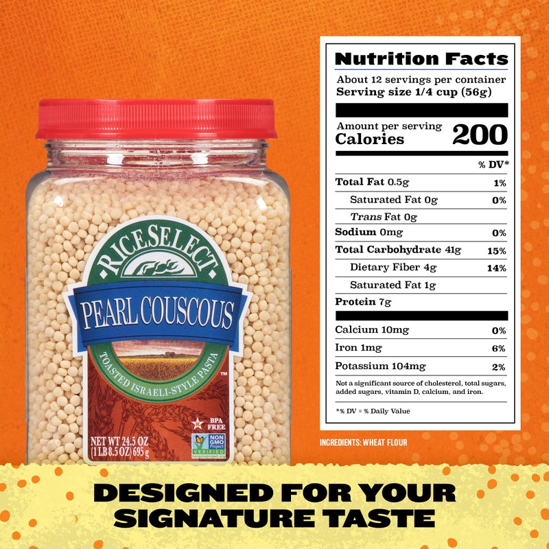 RiceSelect Pearl Couscous, Israeli-Style Wheat Couscous Pasta, Non-GMO, 24.5-Ounce Jar,