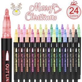 OLINGYOU 24 Pack Double Line Outline Markers, Squiggles Shimmer Markers Set, Self Outline Metallic Glitter Marker Pens for Christmas,Art, Drawing, Writing, Greeting Cards, DIY, Scrapbook, Easter Eggs