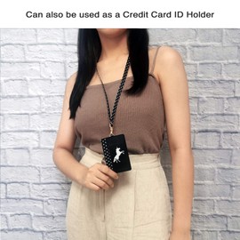 Tainada Stick On Wallet with Detachable Neck Lanyard, Adhesive ID Credit Card Cash Holder with Faux Leather Animal Silhouette Compatible with Most Cell Phones + One Cord Wrapper (Black Unicorn)