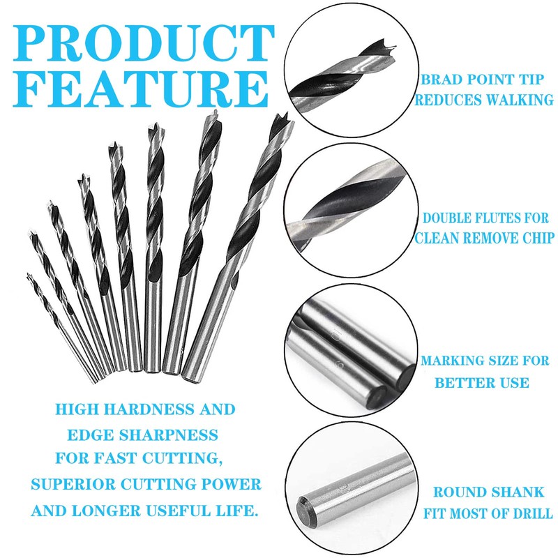 Yuentoen 8 PCS Brad-Point Drill Bits- 3-10mm Spiral Twist Wood