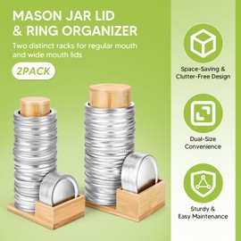 2PCS Mason Jar Lid Organizer & Holder (Wide Mouth & Regular Mouth) Bamboo Ball Jar Wooden Storage Accessories for Home Kitchen Organization Fit Mason/Canning/Bamboo Lids, Holds 20 Lids & 20 Rings