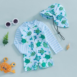 Lucikamy Toddler Baby Boy Girls One Piece Swimsuit Long Sleeve Zipper Bathing Suit with Hat Infant Rash Guard Swimwear (Blue A, 3-6 Months)
