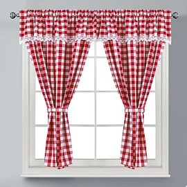 Householdfurnishing Embroidered Kitchen Window Pair Curtains Set Rod Pocket with Attached Valance & Tiebacks (W 48 x L 48 Inch, Red)