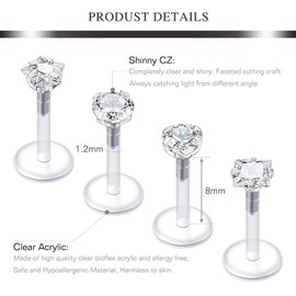AVYRING 16G Clear Acrylic Bioflex Tragus Earrings Lip Rings Labret Medusa Piercing Stud Helix Ear Piercing CZ Inlaid 8PCS