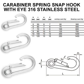Spring Snap Eyelet Hook 316 Marine Stainless Steel Climbing Locking Carabiner Clip for Home Camping Fishing Hiking Traveling (M5x50mm -2pcs)