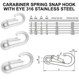 Spring Snap Eyelet Hook 316 Marine Stainless Steel Climbing Locking Carabiner Clip for Home Camping Fishing Hiking Traveling (M5x50mm -2pcs)