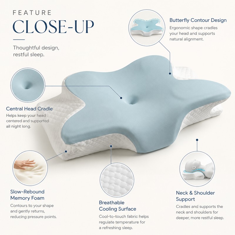 Cooling Memory Foam Pillow for Sleep – Butterfly Neck Support
