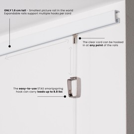 STAS Minirail Picture Hanging System Set - Covers 9.84 ft of Wall Space - Smallest Picture Rail & Art Hanging Gallery Kit for Art Display (White Rails, Includes 4 Hooks & Cords)