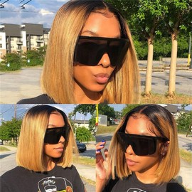 Twigoal Ombre Straight Bob Wigs Human Hair T1B/27 Highlight Honey Blonde 4x4 Lace Closure Bob Wigs Human Hair 180% Density 12Inch