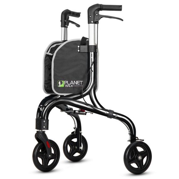Planetwalk Premium 3 Wheel Rollator Walker for Seniors - Ultra Lightweight Foldable Walker for Elderly, Aluminum Three Wheel Mobility Aid, Black
