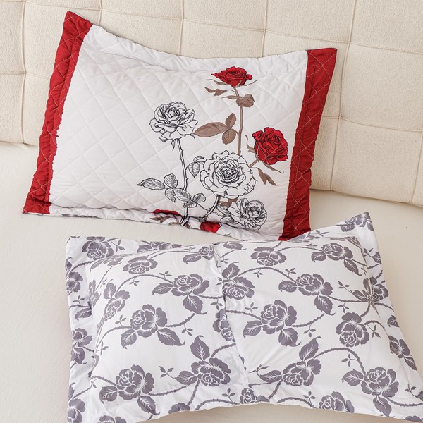 EVENHUG Quilted Pillow Shams Set of 2 Red Rose Pillow