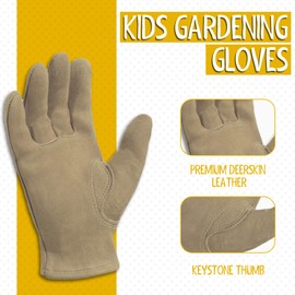 HANDLANDY Kids Genuine Leather Work Gloves for ages 3-11, Children Gardening Gloves for Boys, Girls (Small (for age2-4), Khaki)