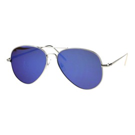 Flat Frame Aviator Sunglasses Unisex Mirrored Shades UV 400 Silver, Blue