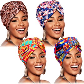 SATINIOR 4 Pieces African Pattern Headwrap Pre-Tied Bonnet Turban Knot Beanie Cap Headwrap Hat (Cool Style), Multicolor, One Size