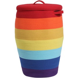 26" x 20" Handcrafted Tall Cotton Rope Basket with Lid, Stylish Flagon Shape with Cover, Clothes Hamper with Top, for Bedroom and Living Room, Rainbow