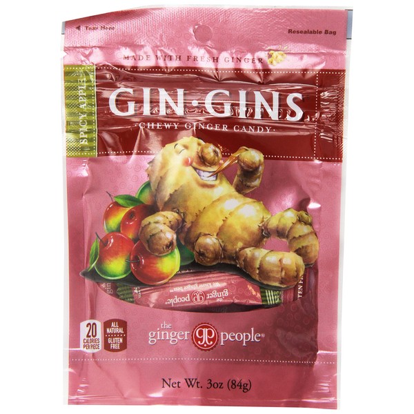 GIN GINS Apple Chewy Ginger Candy by The Ginger People - Anti-Nausea and Digestion Aid, Individually Wrapped Healthy Candy – Spicy Apple Flavor, 3 oz Bags - Pack of 3 (9 oz)