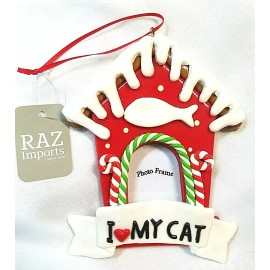 RAZ Imports I LOVE MY CAT HOUSE WITH FISH PICTURE FRAME RED CHRISTMAS ORNAMENT NEW WITH TAGS