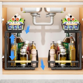 Under Sink Organizer, 2 Pack 2 Tier Under Sink Organizers and Storage, Slide Out Pull Out Cabinet Organizer Shelf, Height Adjustable Metal Drawer for Kitchen Bathroom Closet Organization Rack Black