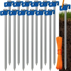 Tradesparker Tent Stakes 12-Pack 8Inch Heavy Duty Garden Stakes Canopy Anchors Double-Sided Hook Design - Includes Ropes for Camping Tents, Pop Up Canopies and Outdoor Events, Blue