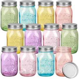 Pinkunn 12 Pcs 16 oz Colored Mason Jars with Lids Bulk, Vintage Color Glass Mason Jars for Storage Airtight Regular Mouth Canning Jar Multifunction Glass Container for Fermenting Jelly DIY Crafts