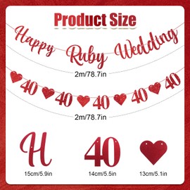 Moorle 40th Happy Ruby Wedding Banner, Glitter 40th Ruby Wedding Anniversary Decorations, Happy Anniversary Banner, Red Heart Bunting, 40th Anniversary Bunting Banner, Happy 40th Anniversary Party