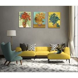 OKEXCKK 3 Piece Sunflowers- Irises Flower Vase Vincent Van Gogh Art Reproduction, Giclee Canvas Prints Wall Art for Home Decor 12"x16"