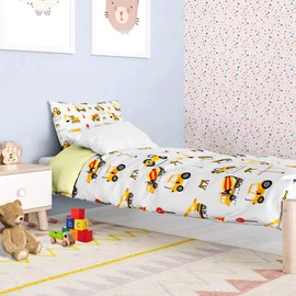 DJDEA Single Duvet Cover Cartoon Trucks Diggers Vehicles Cranes Pattern Kids Bedding Set for Boys Teens Children Duvet Cover Matching Pillowcase