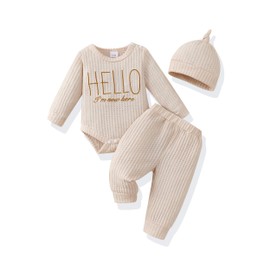 Renotemy Preemie Clothes Boys Newborn Baby Boy Outfit Newborn Essentials Premature Baby Clothes Fall Winter Coming Home Outfits Baby Gifts I'm New Here Khaki Romper Pants Set with Hat