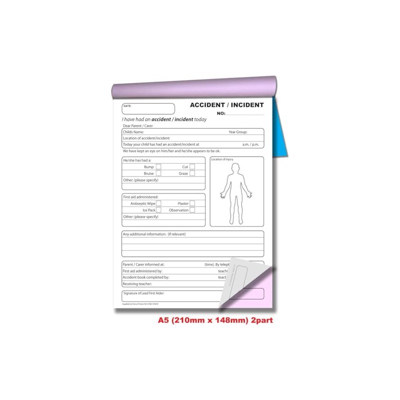 Cherry Carbonless NCR School Accident/Incident Duplicate Book for Pupils A5