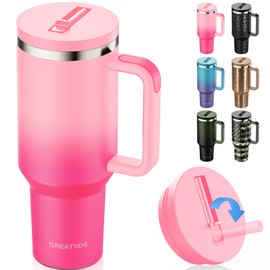 Greatyos 40 oz Tumbler with Handle and Flip Straw Lid - Upgraded Insulated Traveler Tumblers with Lids Straws Vacuum Leak Proof Stainless Steel 40oz Cup Mug Gifts for Men Women Him Her (Pink Sakura)