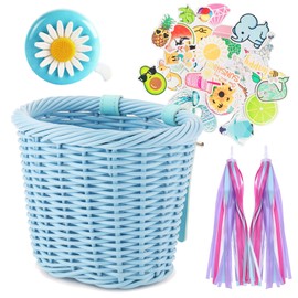 Bike Basket for Girls Front Bike Accessories for Kids Small Woven Wicker Cruiser Bicycle Basket with Handlebar Streamers Bell Boys16 Bike Girls Cycling Ages 3-18