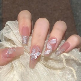 Ballerina Press On Nails French Tip Fake Nails, Full Cover Gel Reusable Acrylic Nails, Reusable Nail Kit with Nail Glue Adhesive Tabs Mini Nail File, Glue on Nails DIY Stick On Nails for Women 24Pcs
