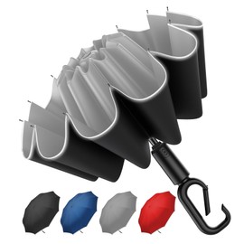 Copulan 46 Inch Auto Open Close Reverse Umbrella - Windproof 10-Rib UV Protection, Carabiner Handle & Reflective Strips for Car Travel (Grey)​​