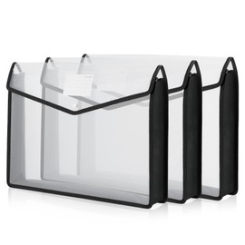 3 Pieces 11 x 17 inch Expandable Tabloid Size Documents Folder with Snap Closure Black Horizontal Large Clear Organizer Storage with Label Plastic Envelopes Expanding File Folder for Plots Charts