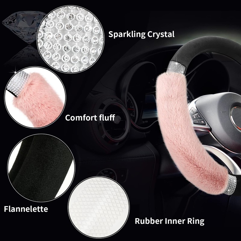 Achiou Rhinestone Fluffy Steering Wheel Cover - Comfortable Non-Slip Luxury