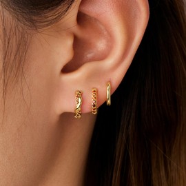 Inerney Gold Huggie Hoop Earrings Set for Women, Dainty 14K Small Cartilage Earrings for Multiple Piercing Lightweight Hypoallergenic Jewelry, Trendy Twisted Orange Cubic Zircon Earrings for Women's Gifts 3 Pairs